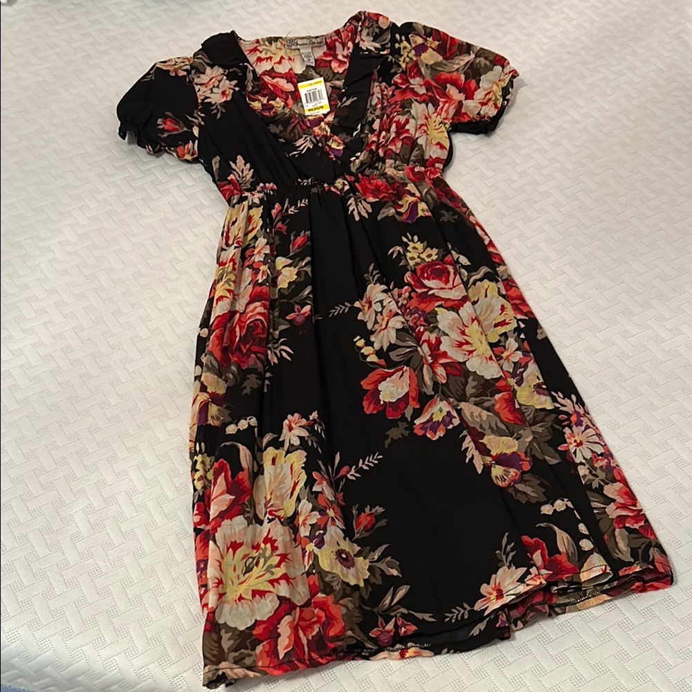 American Rag Red and Pink Puff Sleeve Midi Sundress